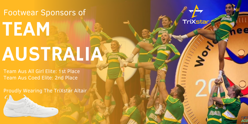 team Australia wearing Trixstar Altair cheer cheerleading shoes at the international cheer cheerleading world championships winning 1st 2nd place elite all girl coed